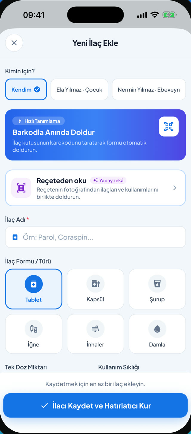 Yeni ilaç ekle: karekodla doldur ve reçeteden oku